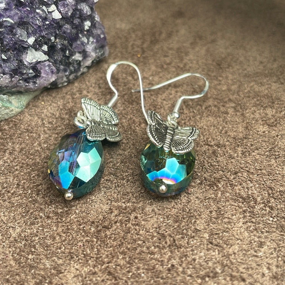 Austrian Crystal With Silver Charm Butterfly Dangling Artisan Earrings - Picture 7 of 13